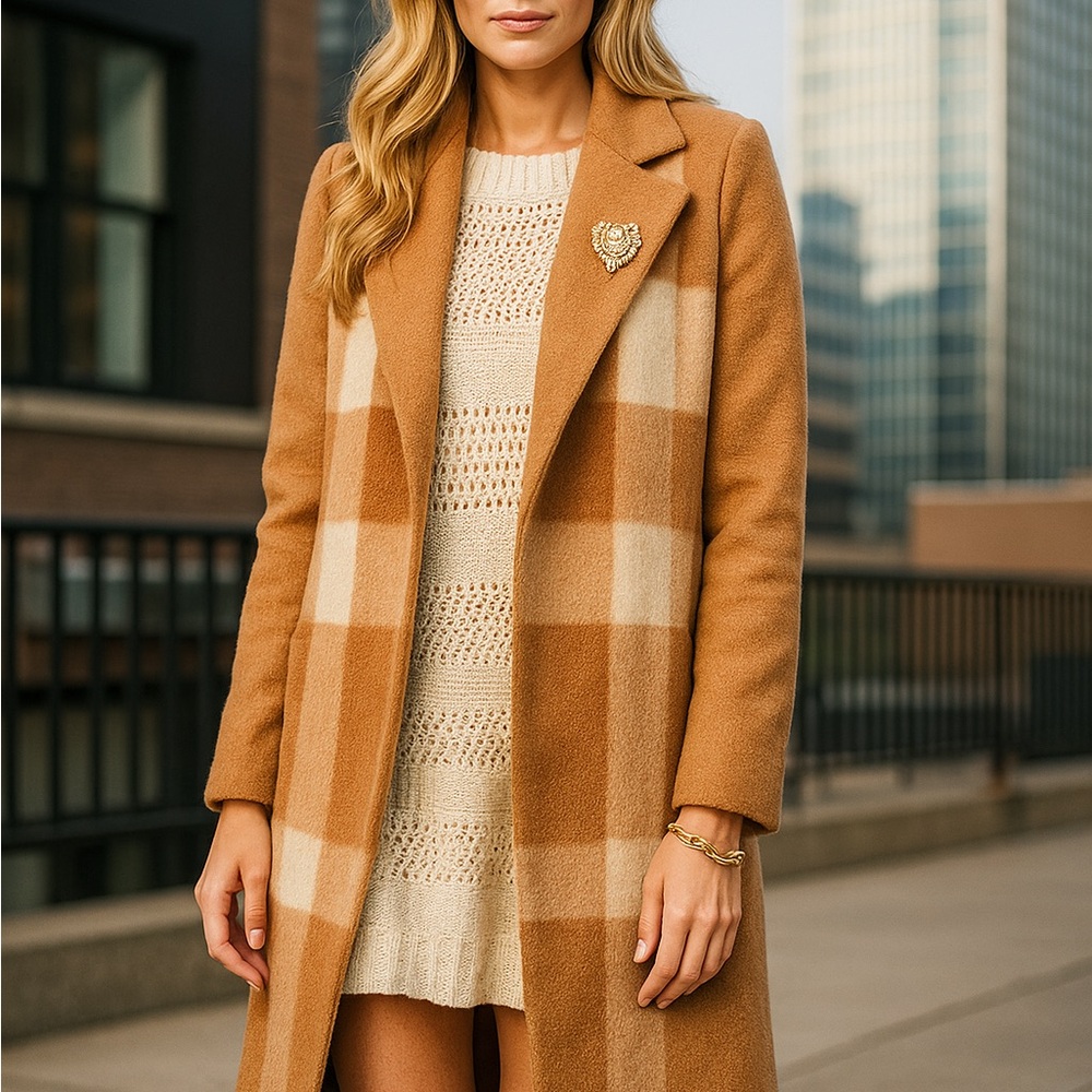 Elegant Tan Plaid Trench Coat
